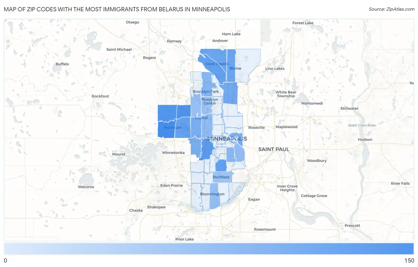 Zip Codes with the Most Immigrants from Belarus in Minneapolis Map