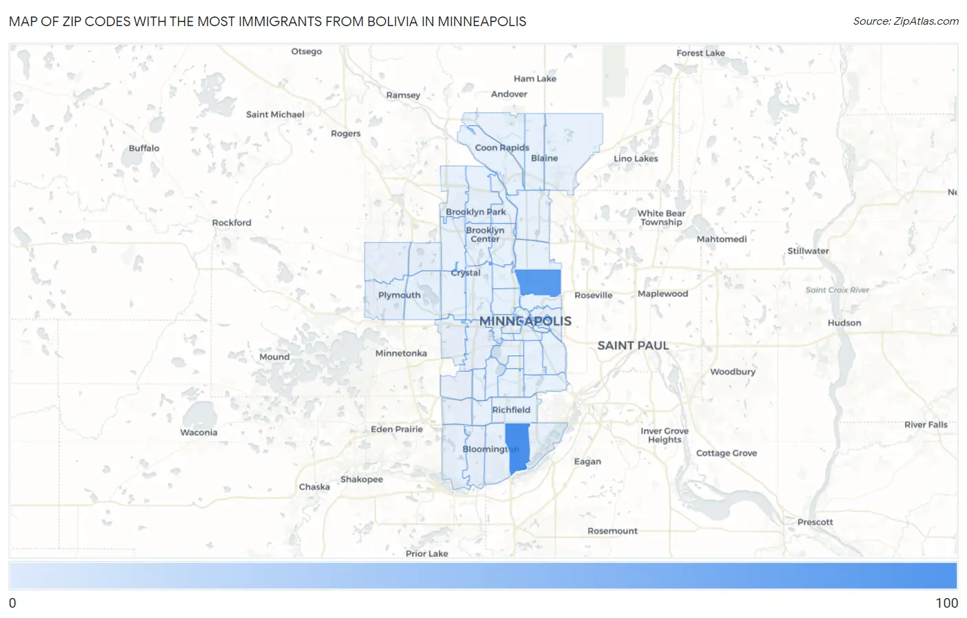 Zip Codes with the Most Immigrants from Bolivia in Minneapolis Map