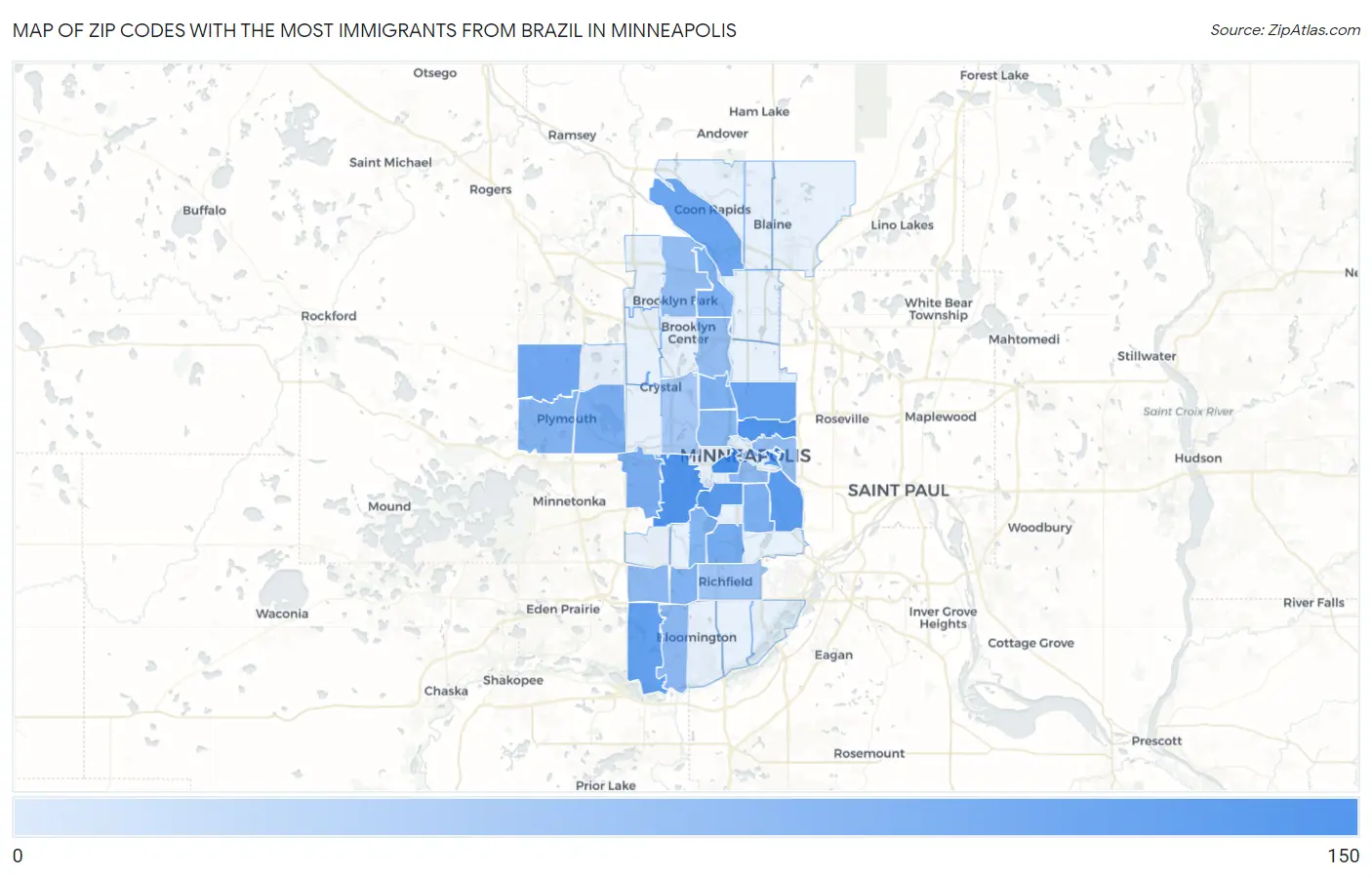 Zip Codes with the Most Immigrants from Brazil in Minneapolis Map