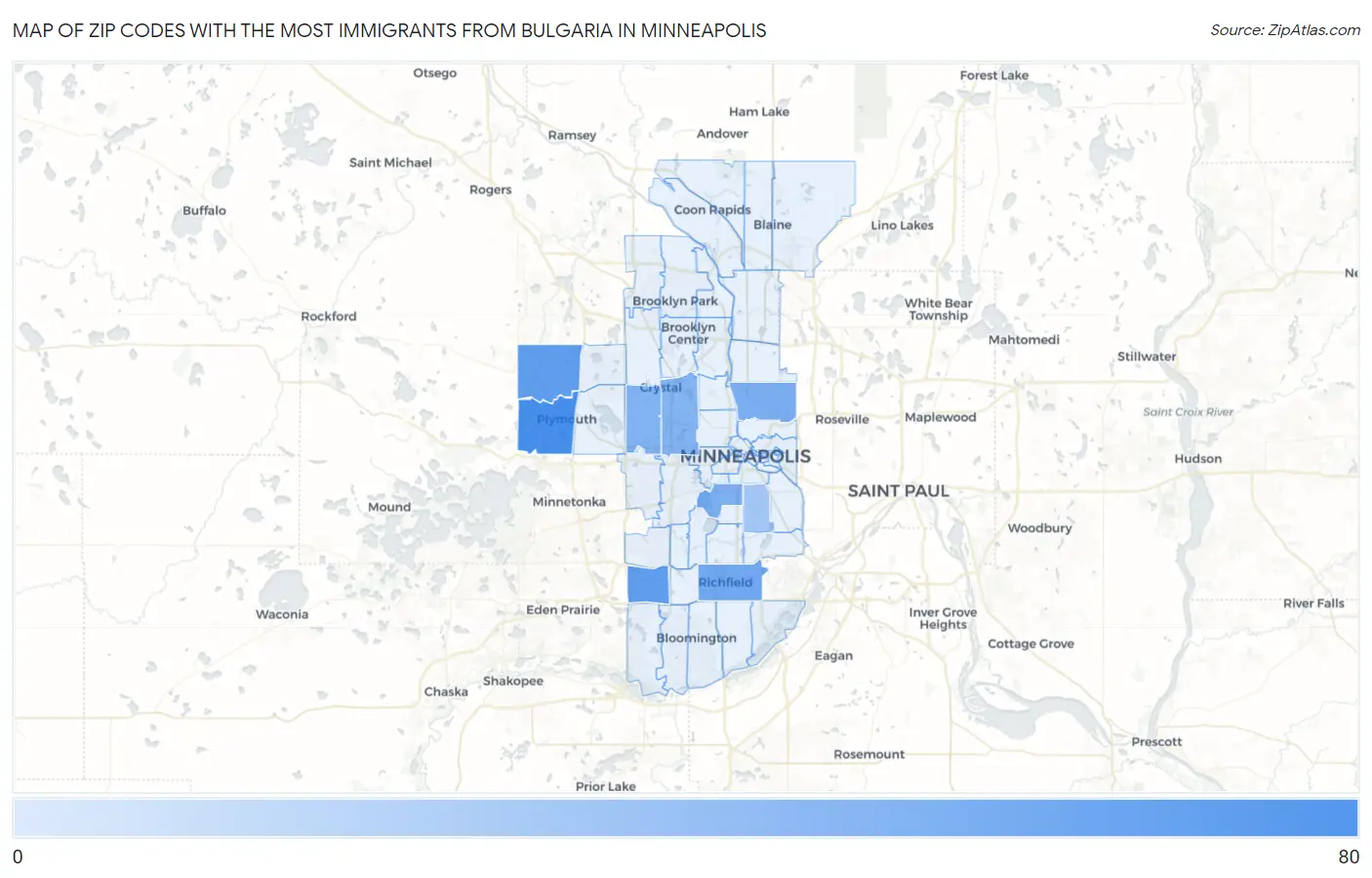 Zip Codes with the Most Immigrants from Bulgaria in Minneapolis Map