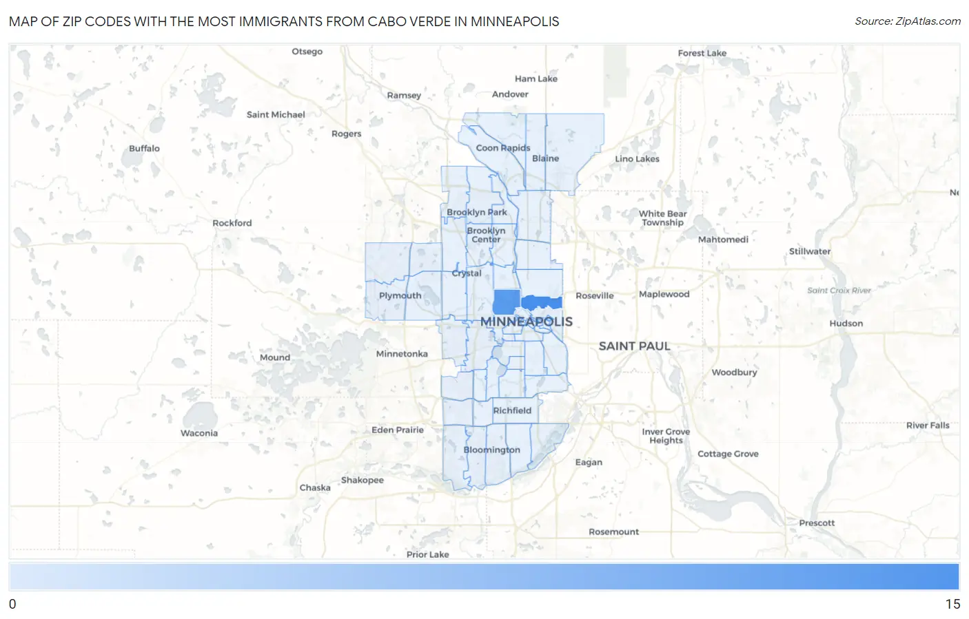 Zip Codes with the Most Immigrants from Cabo Verde in Minneapolis Map