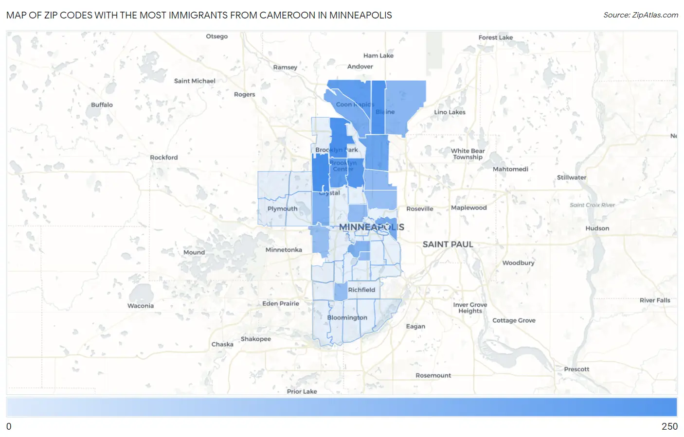 Zip Codes with the Most Immigrants from Cameroon in Minneapolis Map