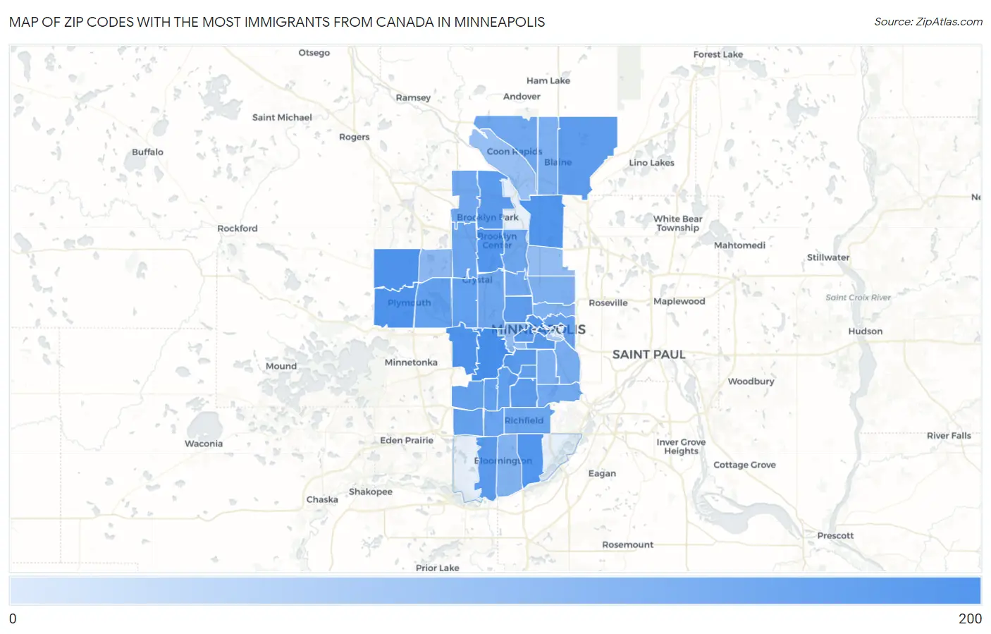 Zip Codes with the Most Immigrants from Canada in Minneapolis Map
