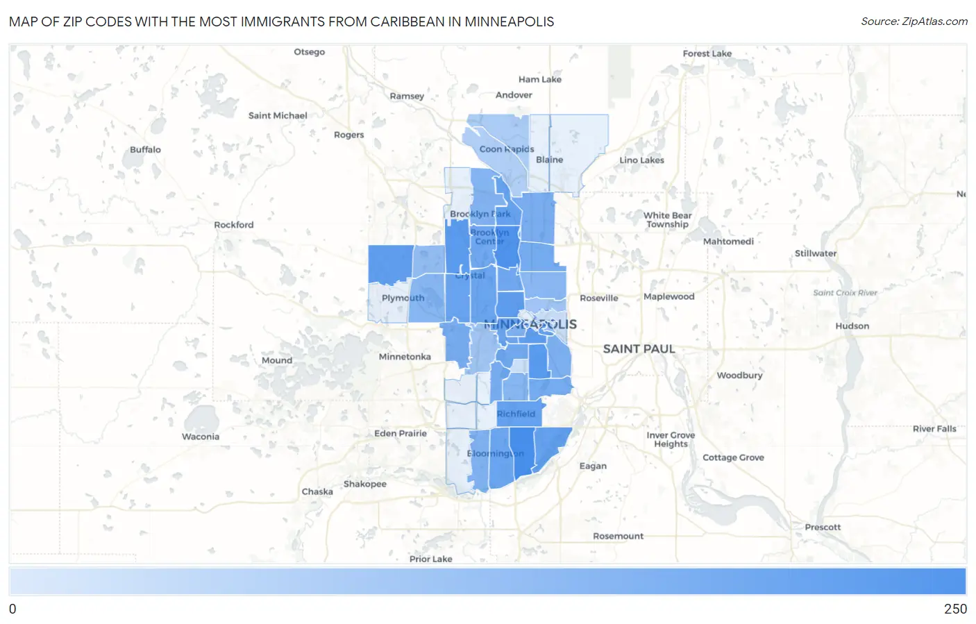 Zip Codes with the Most Immigrants from Caribbean in Minneapolis Map