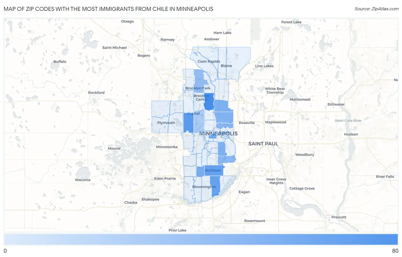 Zip Codes with the Most Immigrants from Chile in Minneapolis Map