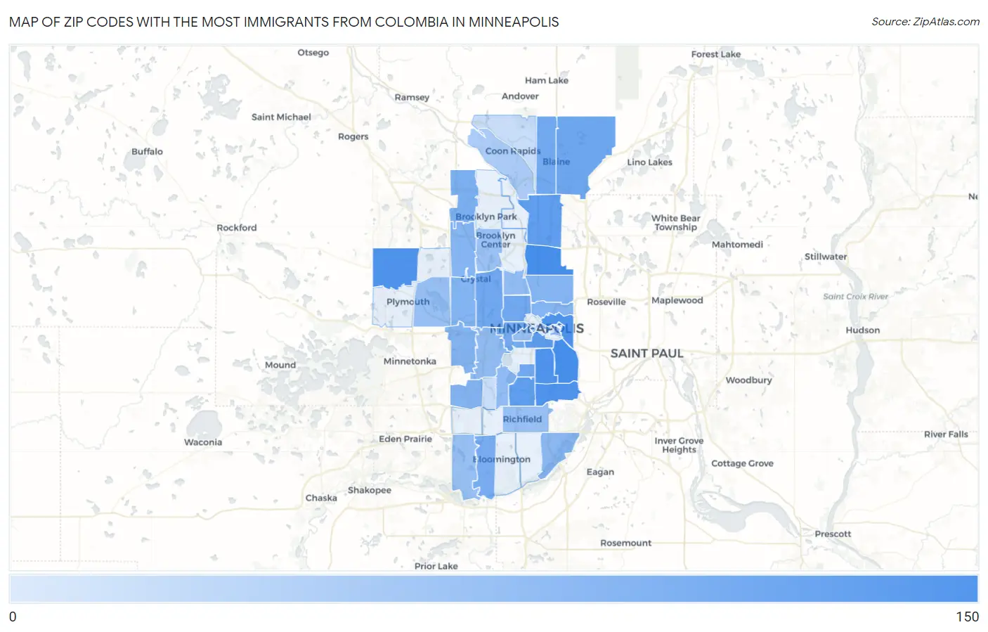 Zip Codes with the Most Immigrants from Colombia in Minneapolis Map