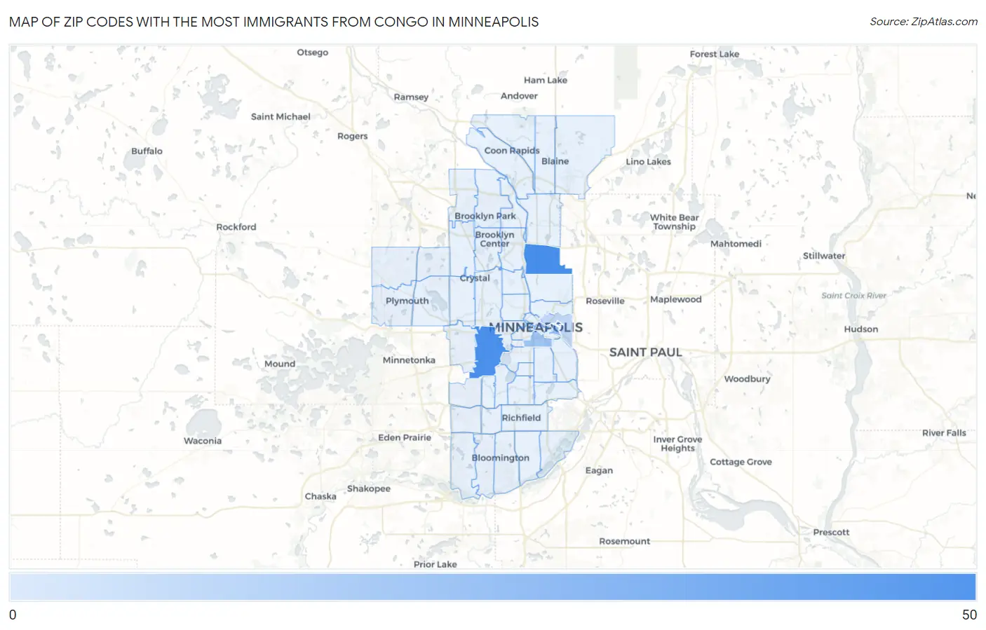 Zip Codes with the Most Immigrants from Congo in Minneapolis Map