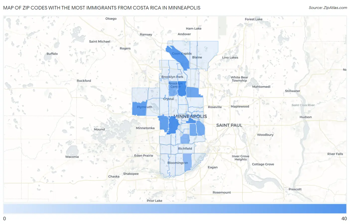 Zip Codes with the Most Immigrants from Costa Rica in Minneapolis Map