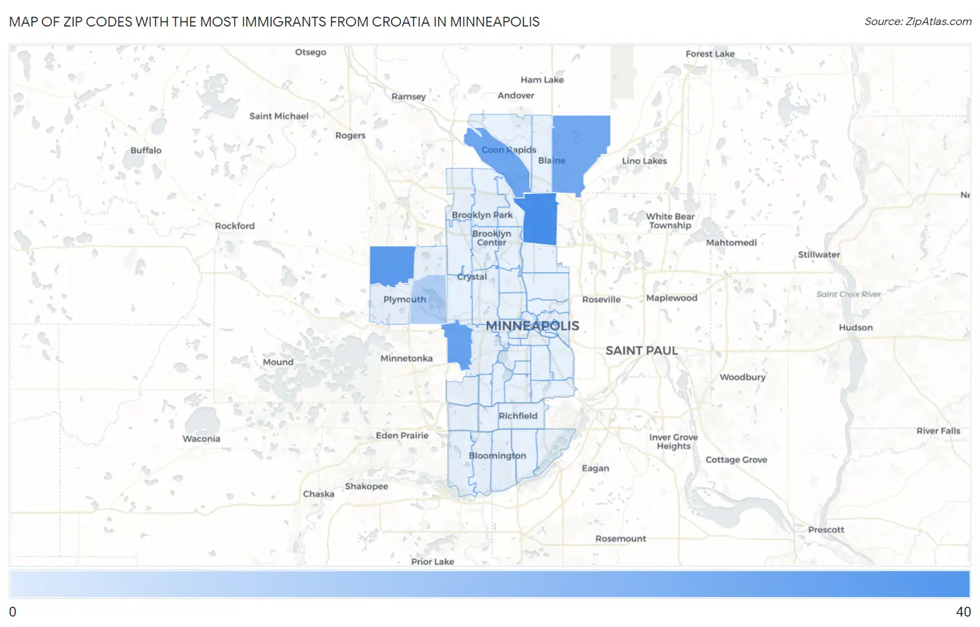Zip Codes with the Most Immigrants from Croatia in Minneapolis Map