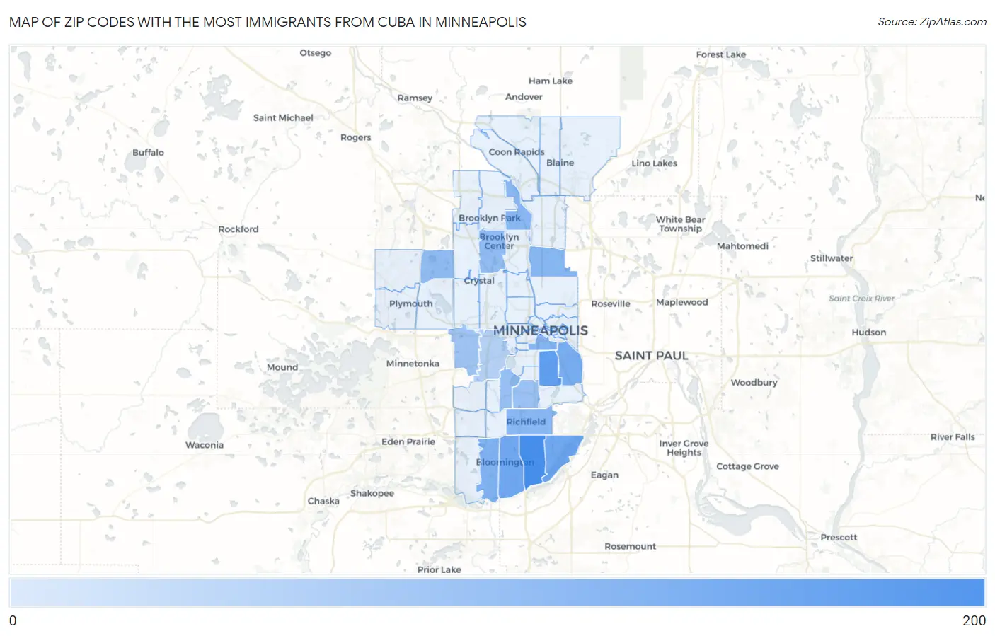 Zip Codes with the Most Immigrants from Cuba in Minneapolis Map