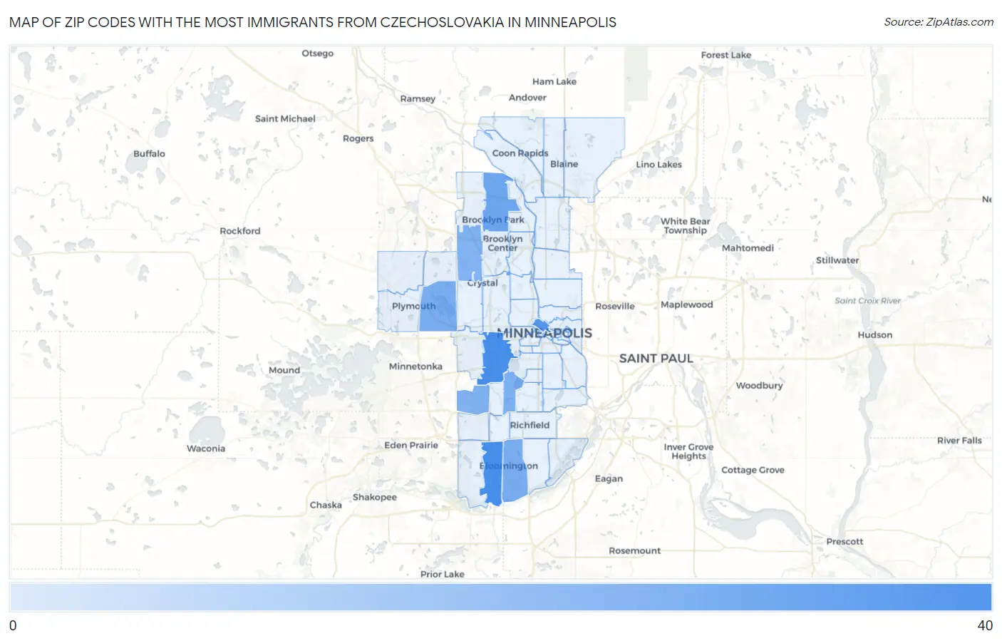 Zip Codes with the Most Immigrants from Czechoslovakia in Minneapolis Map
