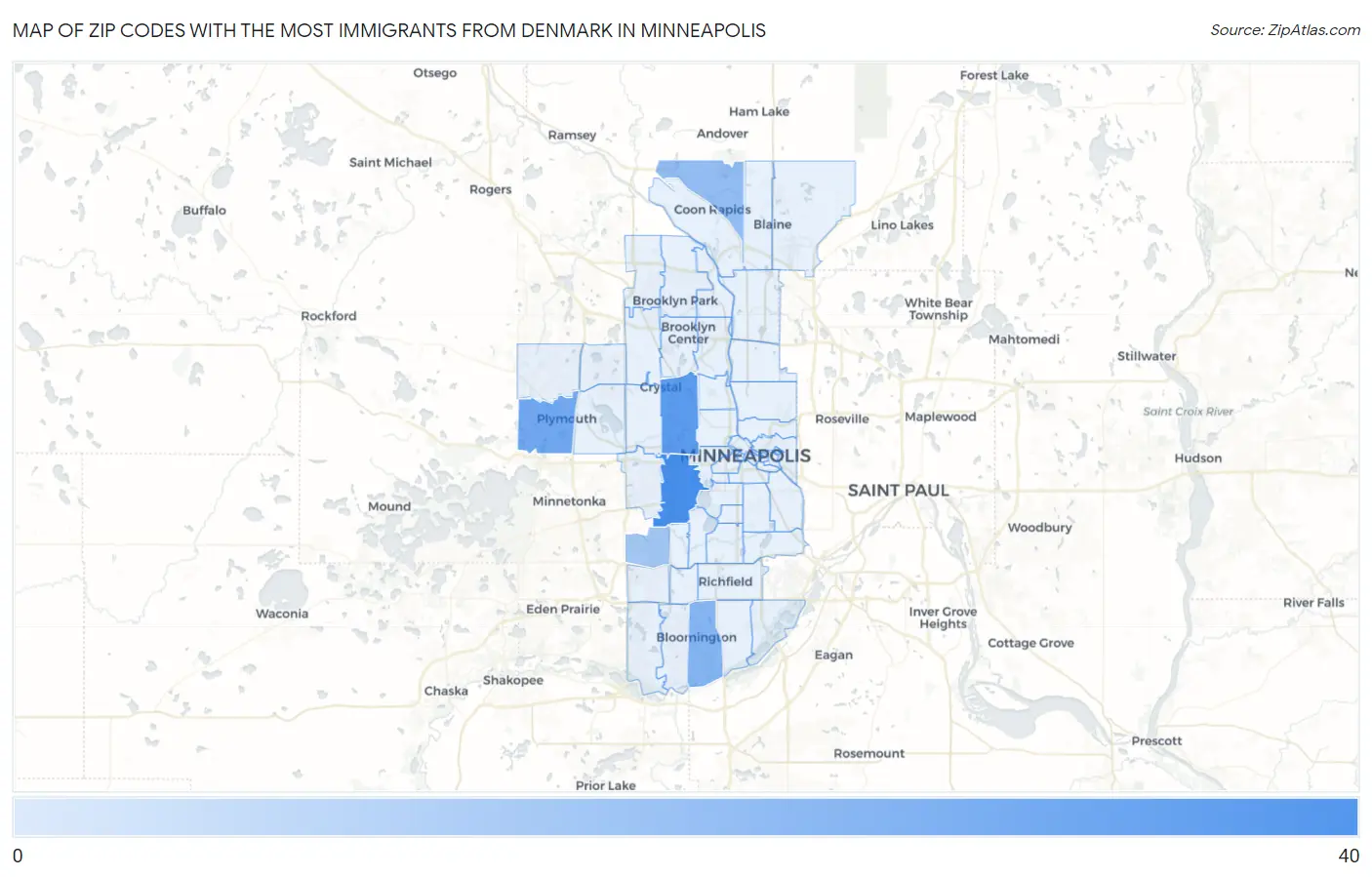 Zip Codes with the Most Immigrants from Denmark in Minneapolis Map