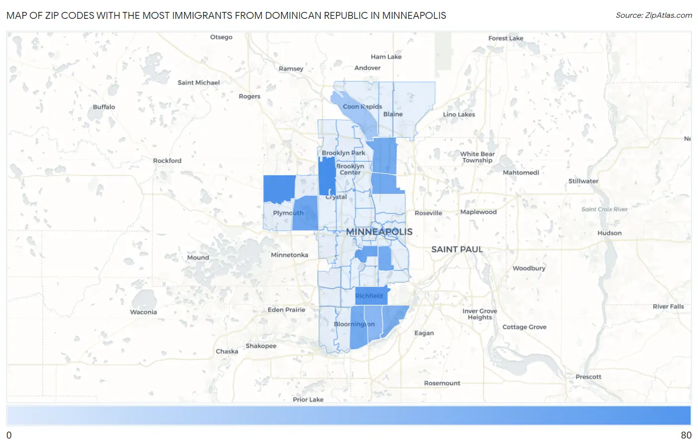 Zip Codes with the Most Immigrants from Dominican Republic in Minneapolis Map