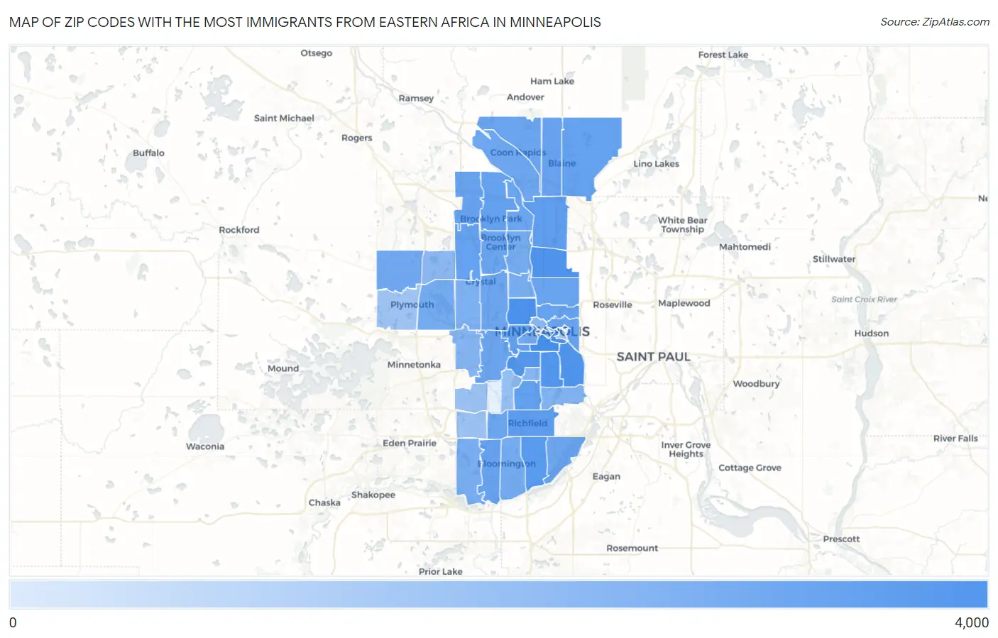 Zip Codes with the Most Immigrants from Eastern Africa in Minneapolis Map