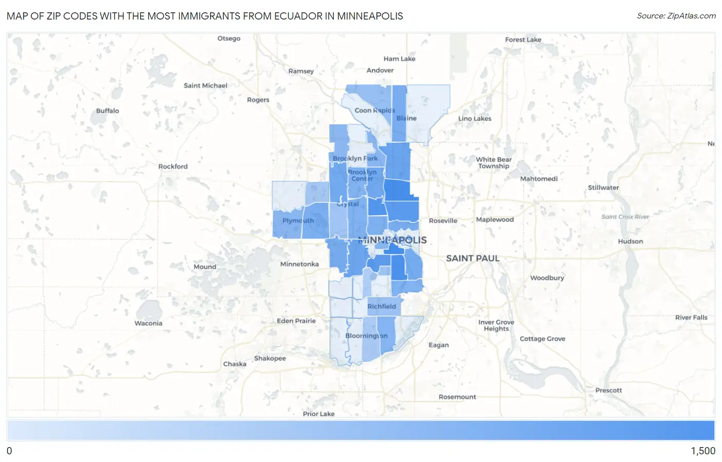 Zip Codes with the Most Immigrants from Ecuador in Minneapolis Map