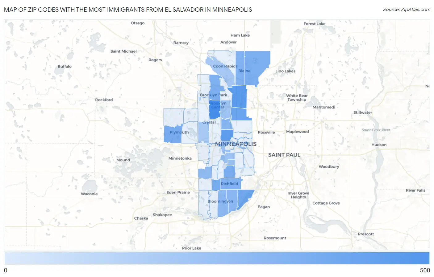 Zip Codes with the Most Immigrants from El Salvador in Minneapolis Map