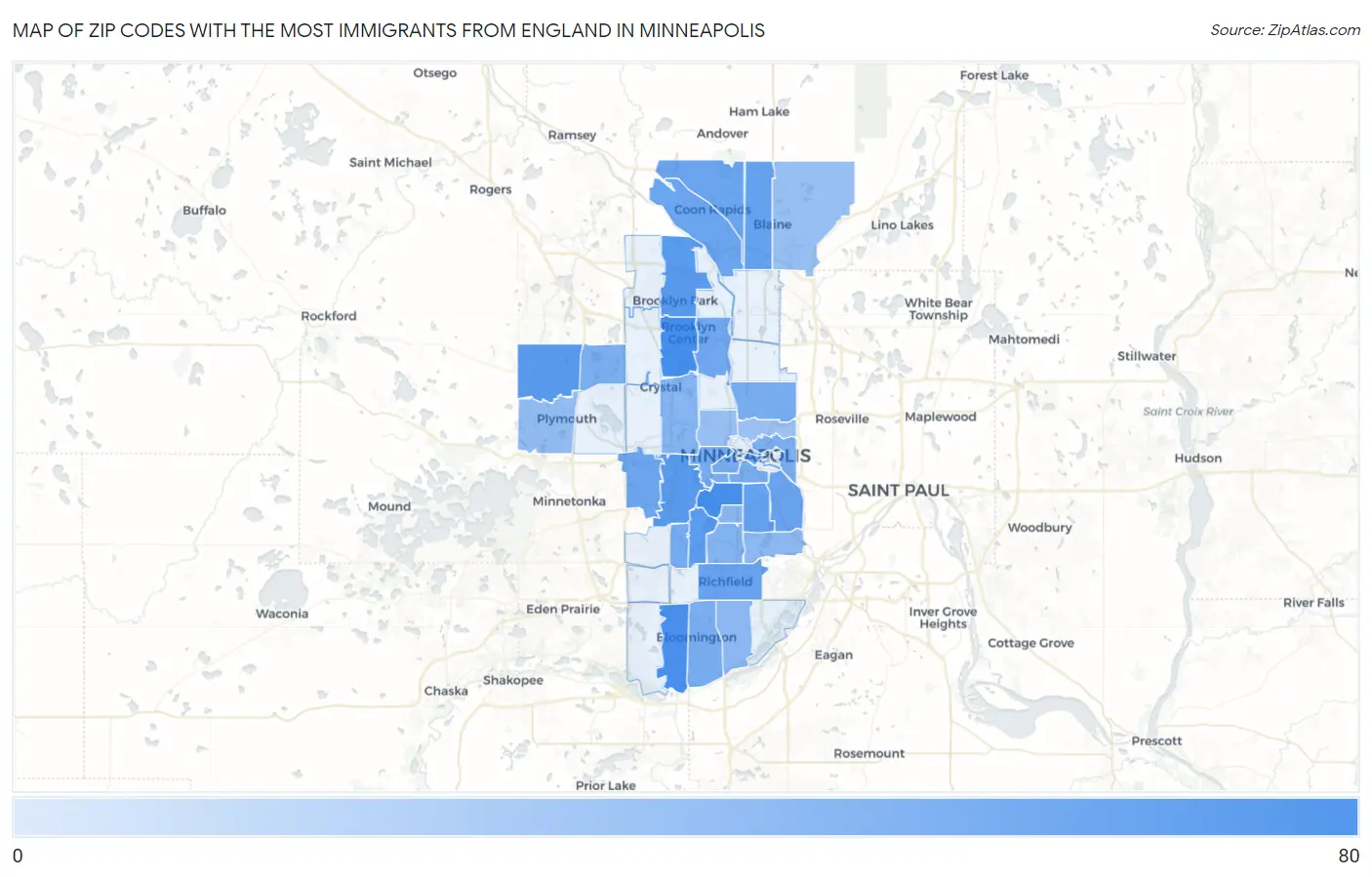 Zip Codes with the Most Immigrants from England in Minneapolis Map