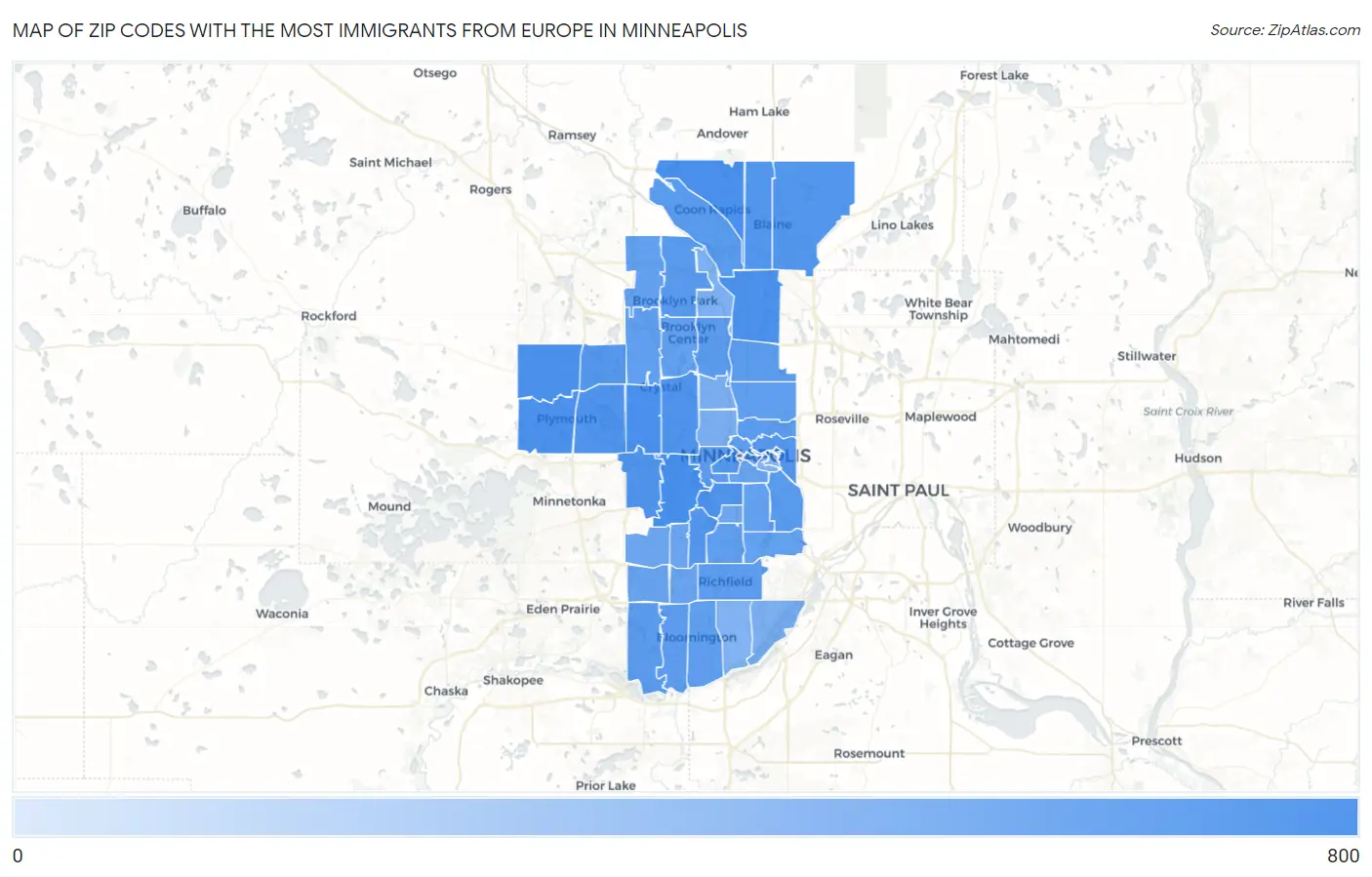 Zip Codes with the Most Immigrants from Europe in Minneapolis Map