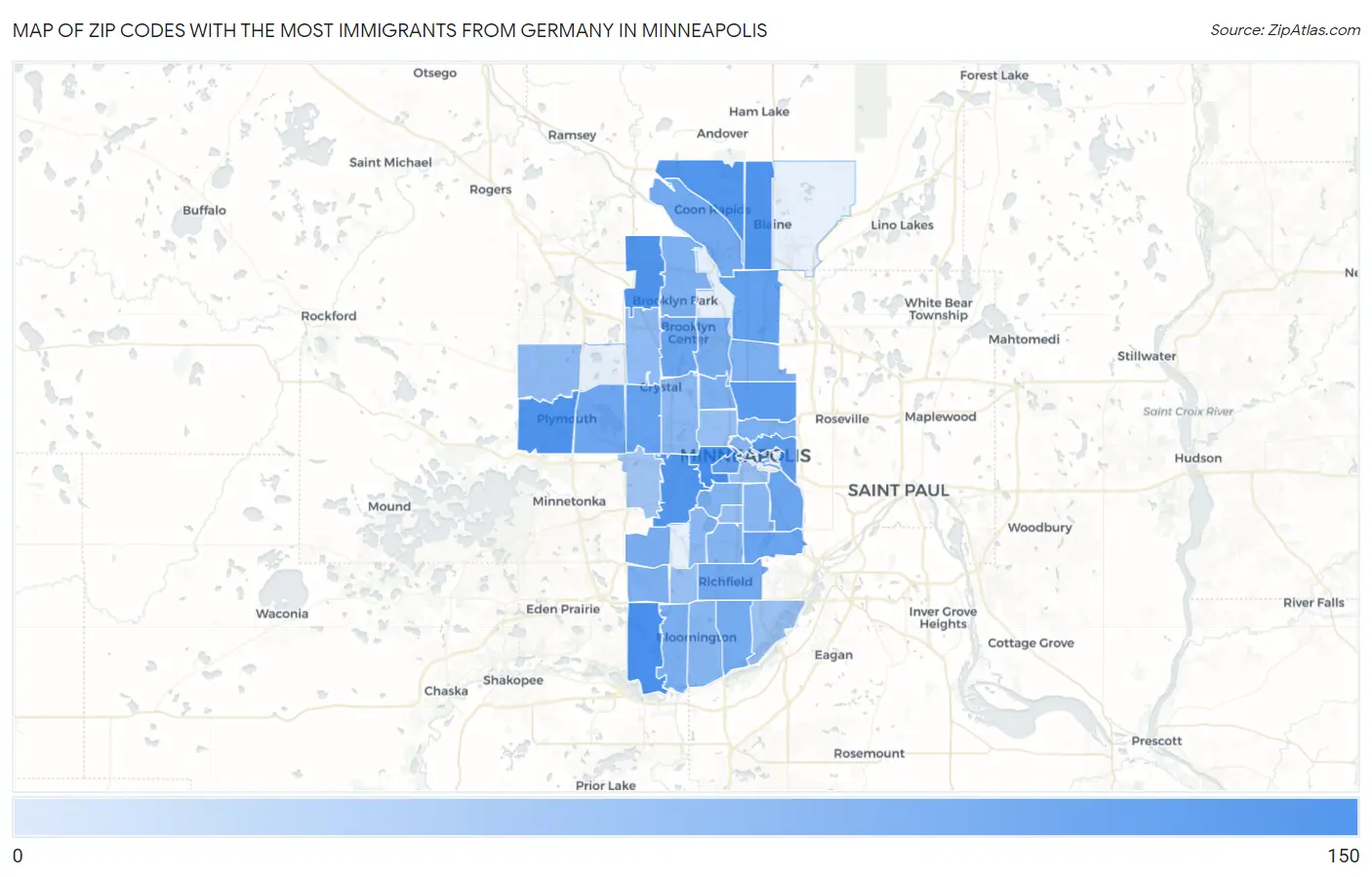 Zip Codes with the Most Immigrants from Germany in Minneapolis Map