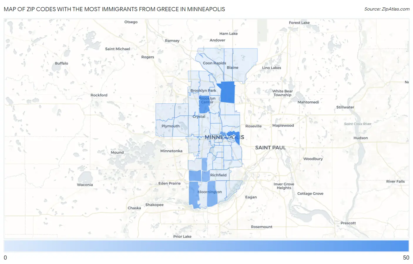 Zip Codes with the Most Immigrants from Greece in Minneapolis Map