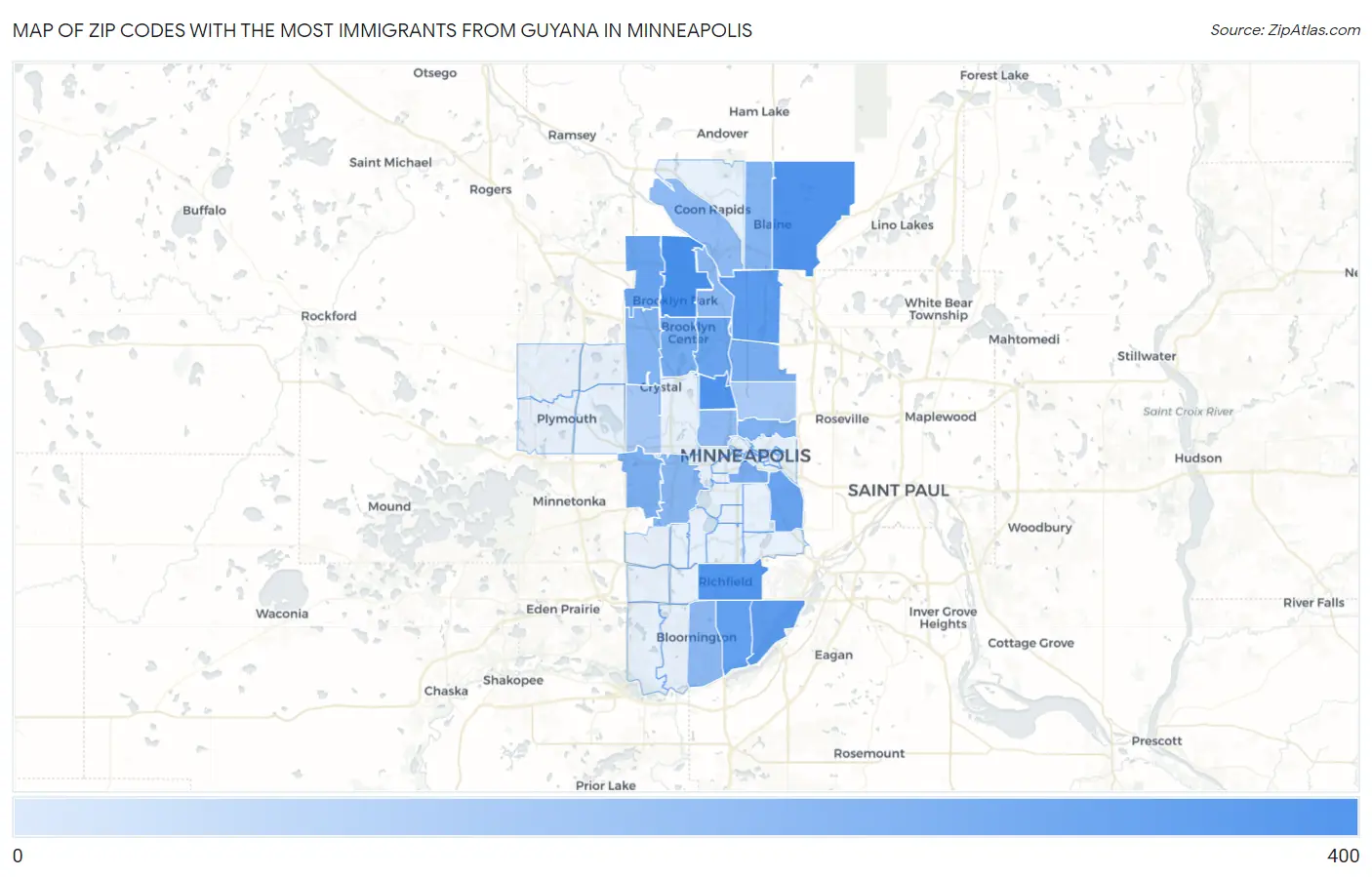 Zip Codes with the Most Immigrants from Guyana in Minneapolis Map