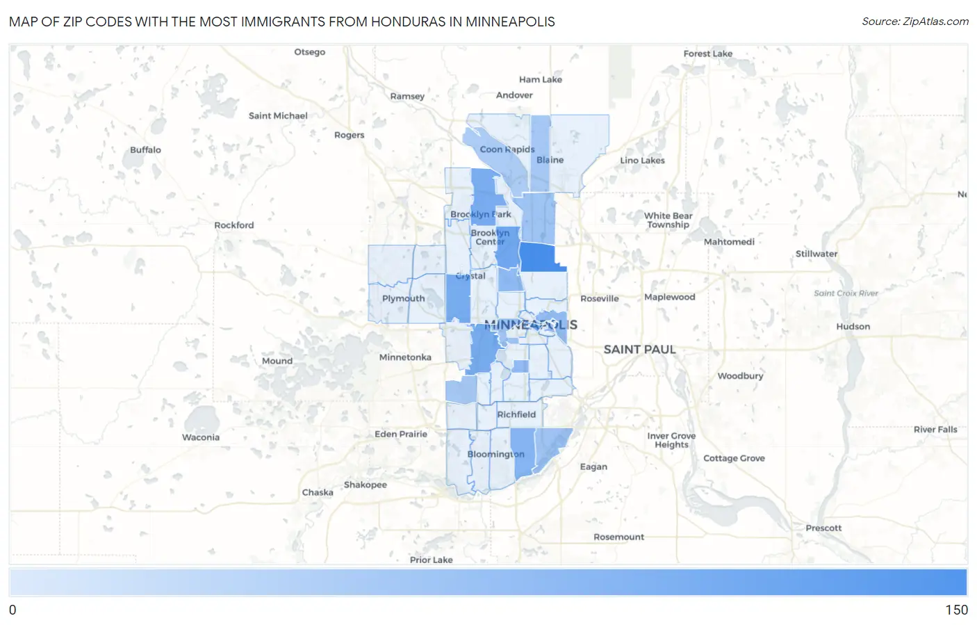 Zip Codes with the Most Immigrants from Honduras in Minneapolis Map