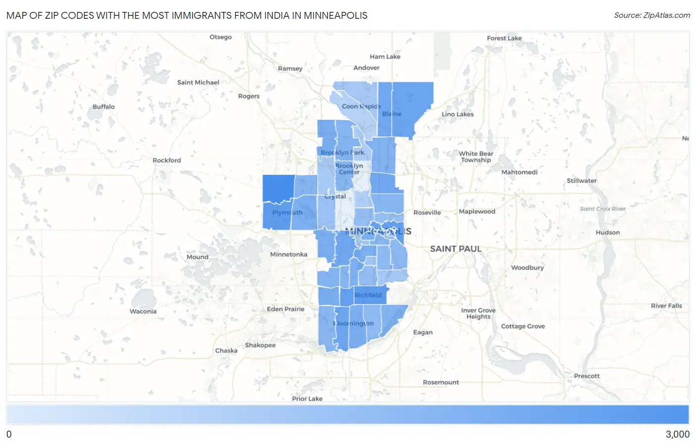 Zip Codes with the Most Immigrants from India in Minneapolis Map