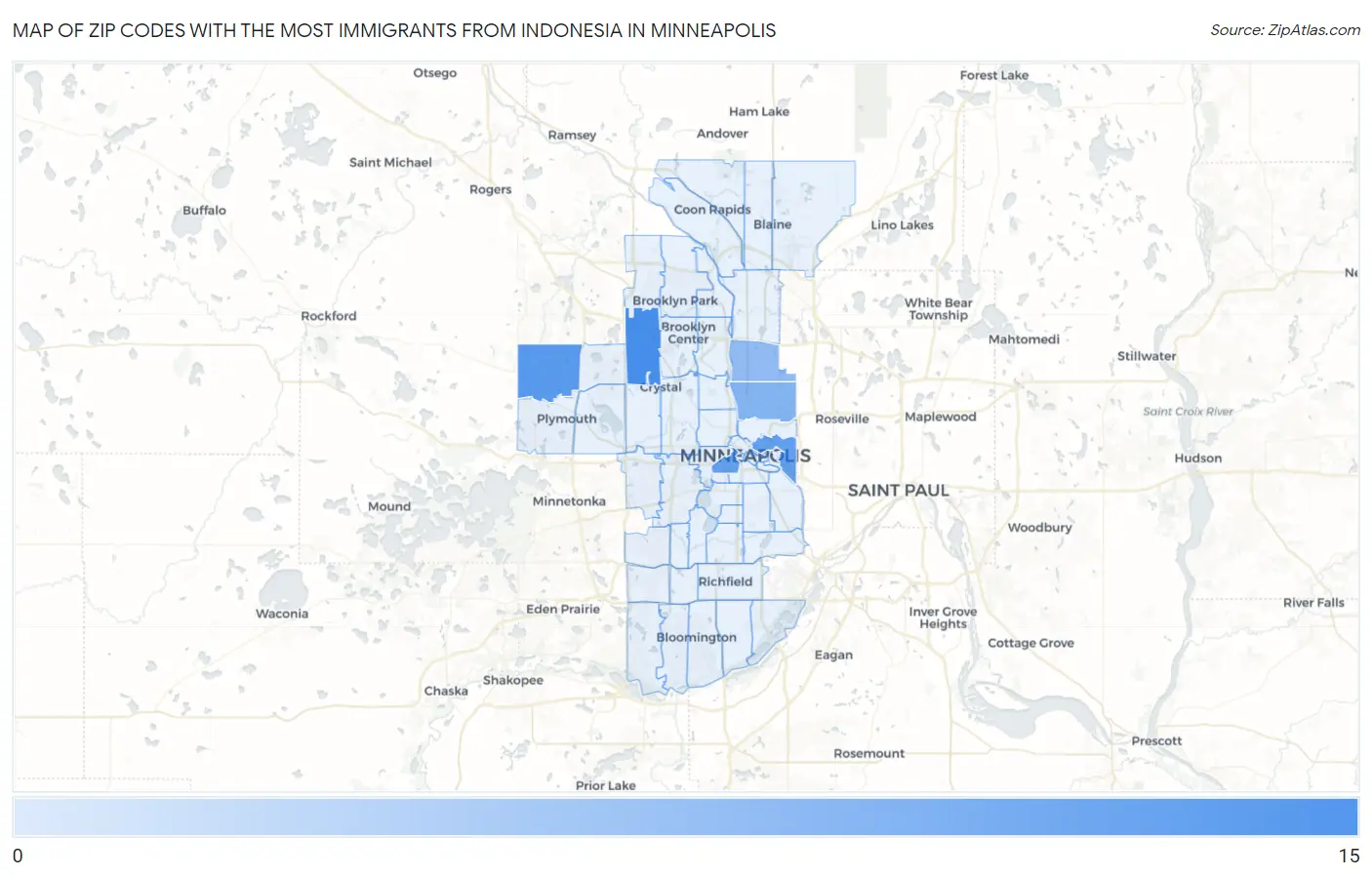 Zip Codes with the Most Immigrants from Indonesia in Minneapolis Map