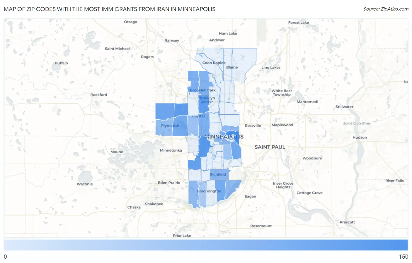 Zip Codes with the Most Immigrants from Iran in Minneapolis Map