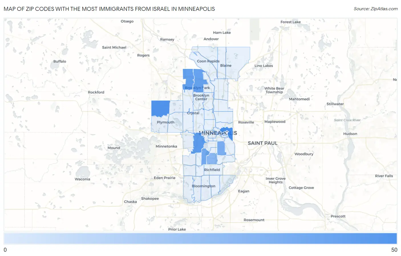 Zip Codes with the Most Immigrants from Israel in Minneapolis Map