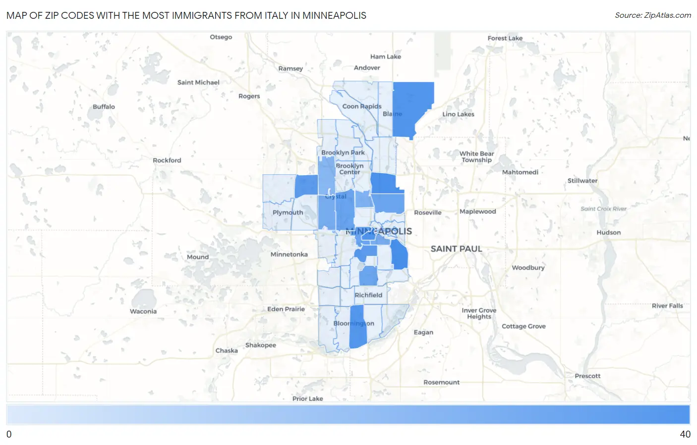 Zip Codes with the Most Immigrants from Italy in Minneapolis Map