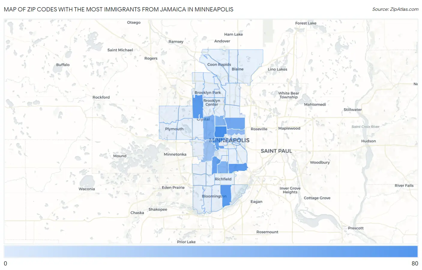 Zip Codes with the Most Immigrants from Jamaica in Minneapolis Map