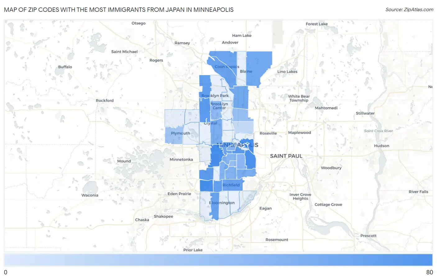 Zip Codes with the Most Immigrants from Japan in Minneapolis Map