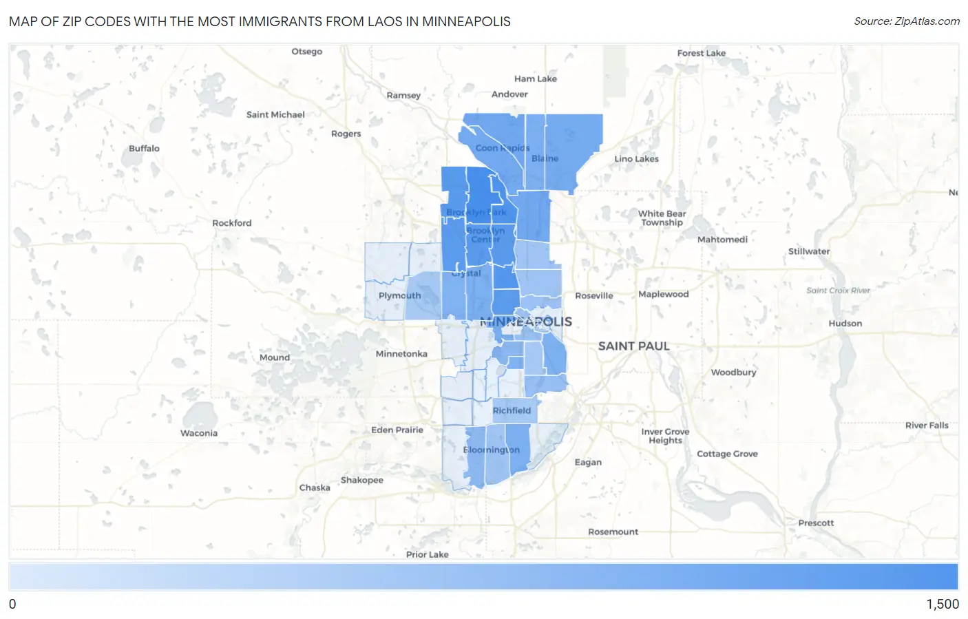 Zip Codes with the Most Immigrants from Laos in Minneapolis Map
