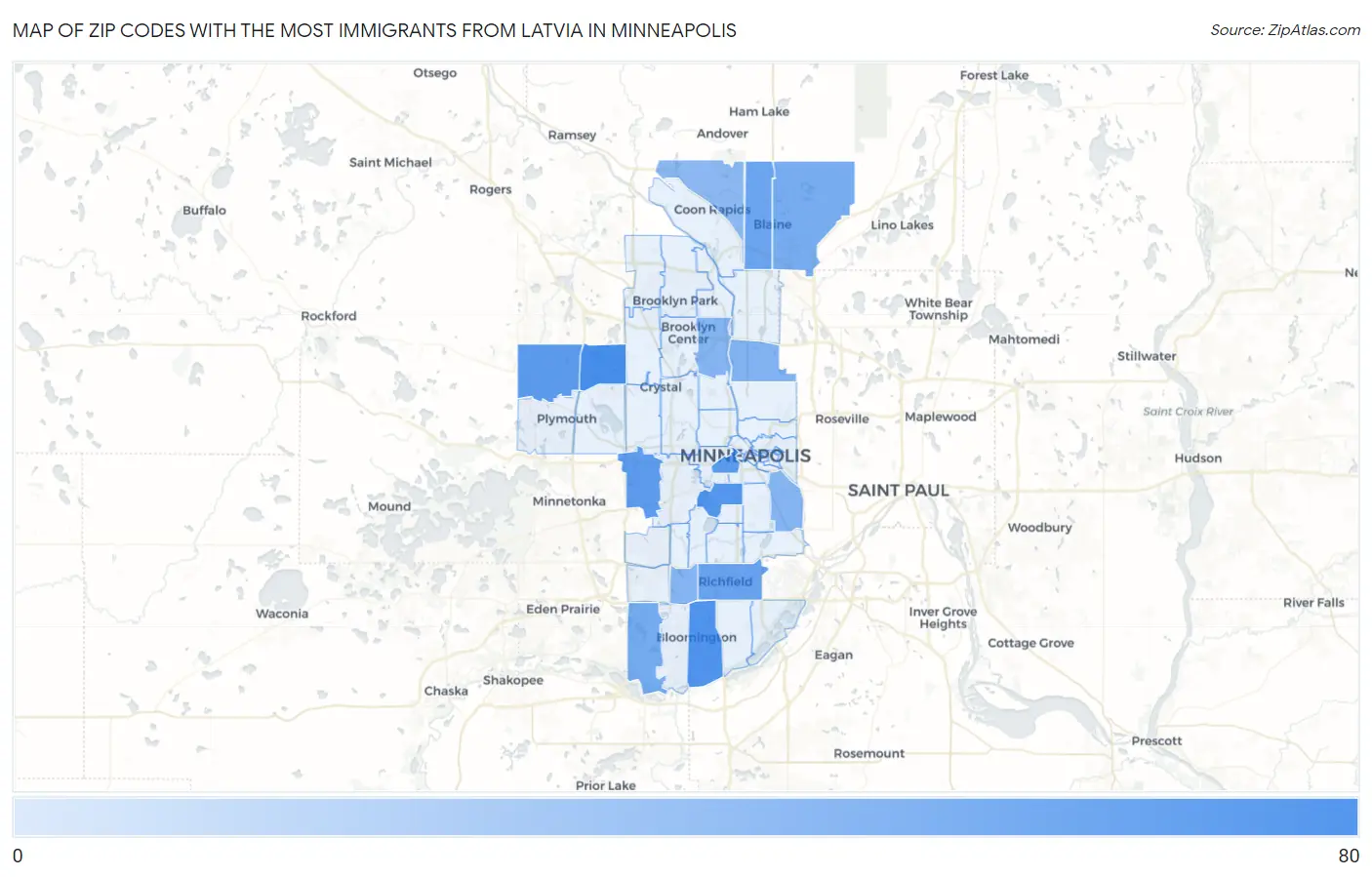 Zip Codes with the Most Immigrants from Latvia in Minneapolis Map