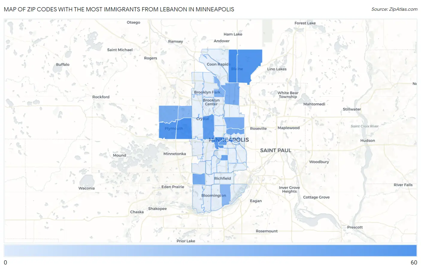 Zip Codes with the Most Immigrants from Lebanon in Minneapolis Map