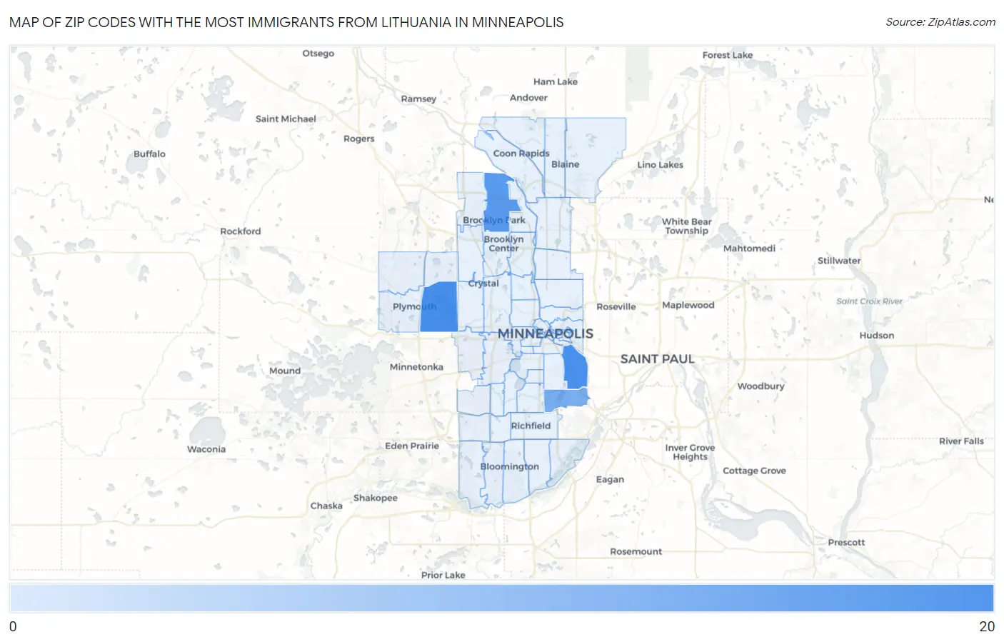 Zip Codes with the Most Immigrants from Lithuania in Minneapolis Map