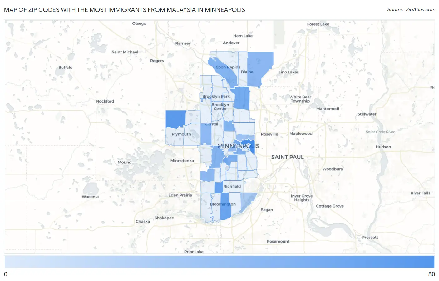 Zip Codes with the Most Immigrants from Malaysia in Minneapolis Map