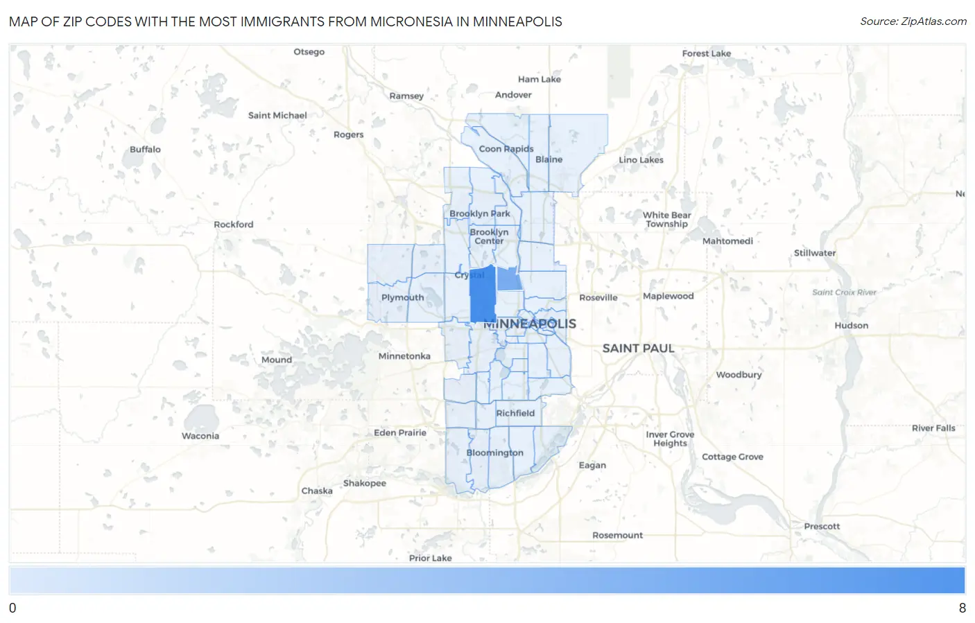 Zip Codes with the Most Immigrants from Micronesia in Minneapolis Map