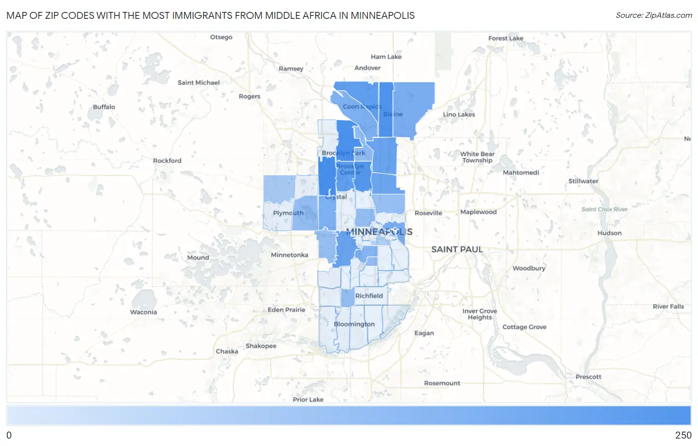 Zip Codes with the Most Immigrants from Middle Africa in Minneapolis Map