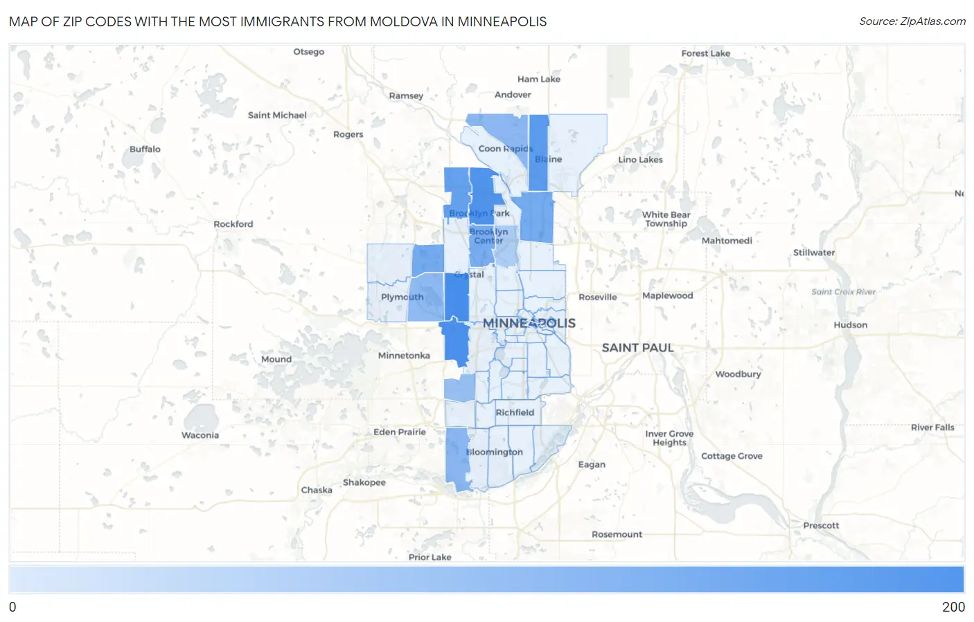 Zip Codes with the Most Immigrants from Moldova in Minneapolis Map