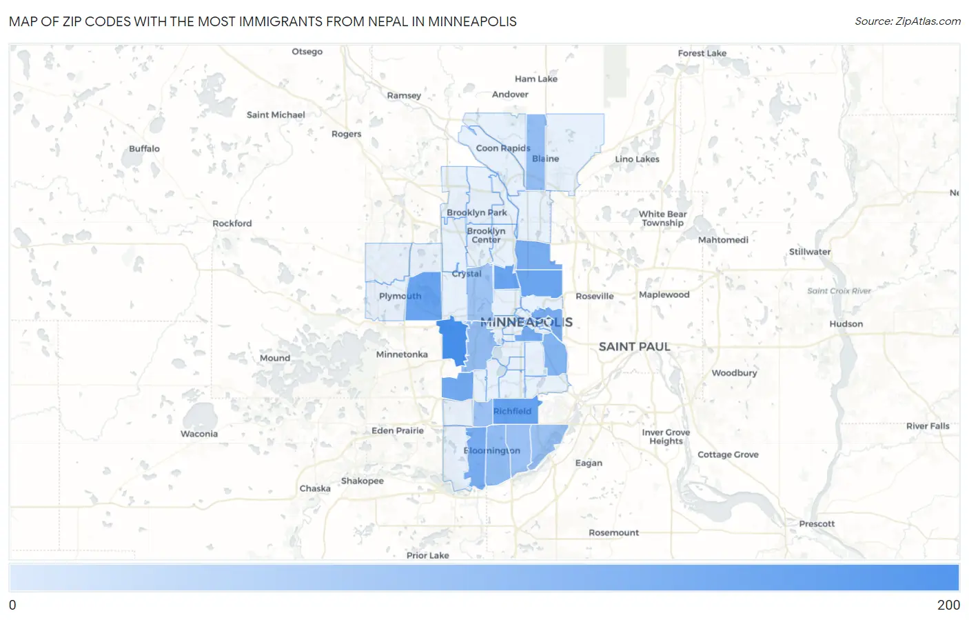 Zip Codes with the Most Immigrants from Nepal in Minneapolis Map