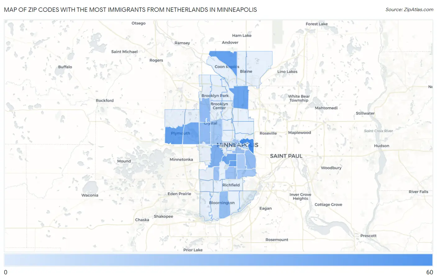Zip Codes with the Most Immigrants from Netherlands in Minneapolis Map