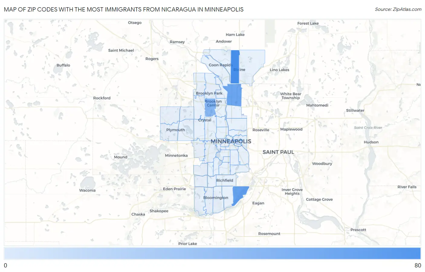 Zip Codes with the Most Immigrants from Nicaragua in Minneapolis Map