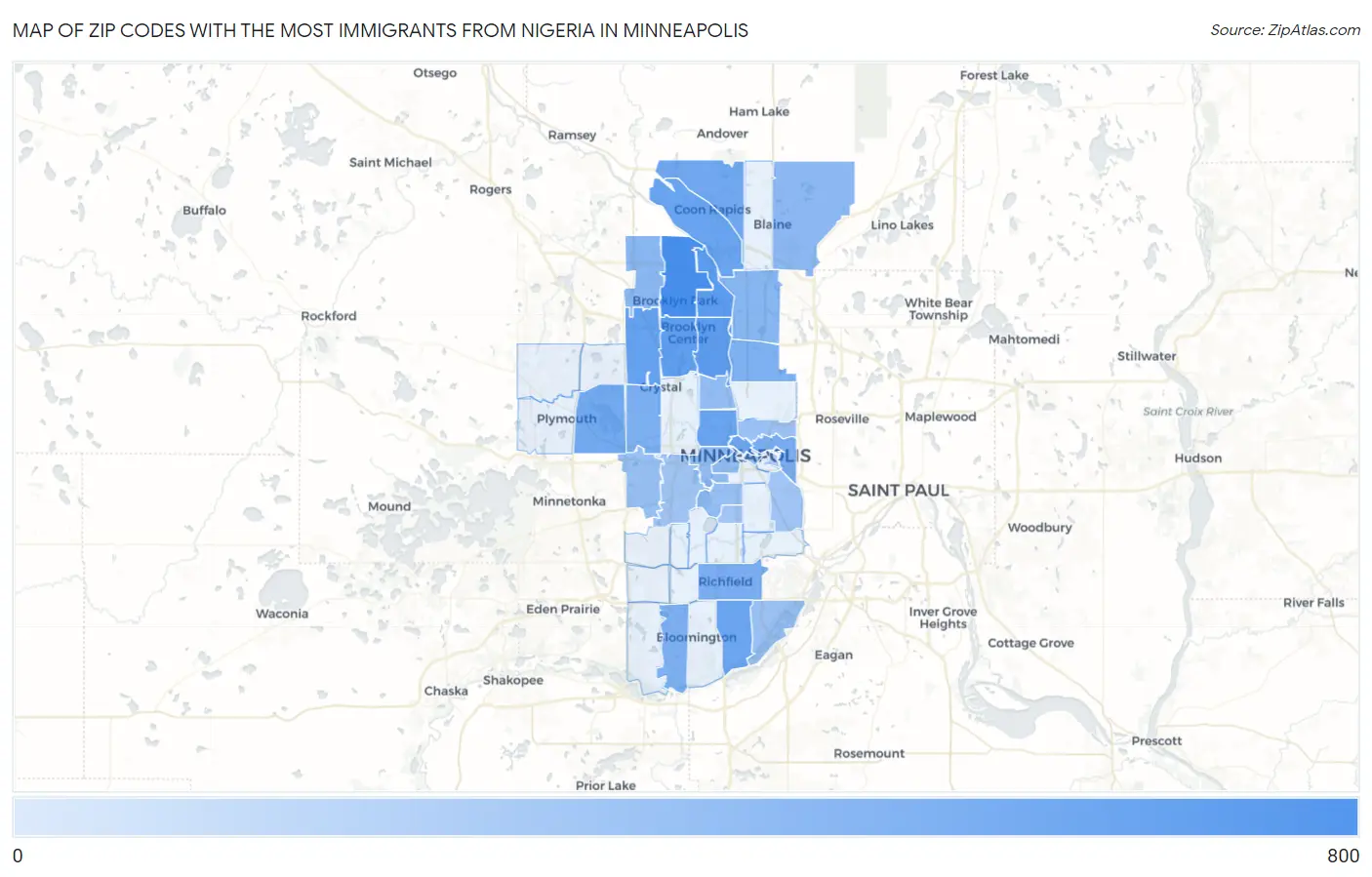 Zip Codes with the Most Immigrants from Nigeria in Minneapolis Map