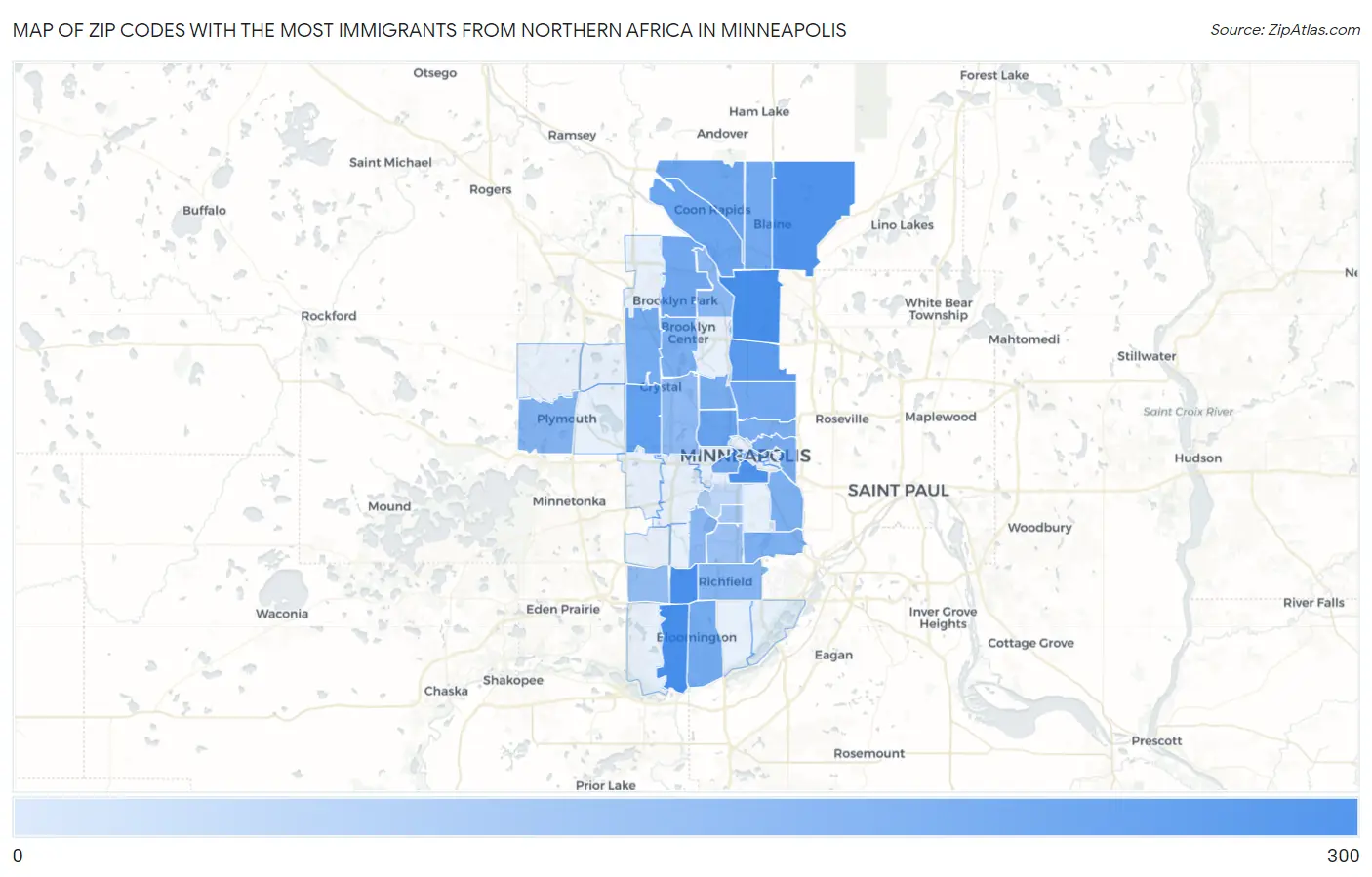 Zip Codes with the Most Immigrants from Northern Africa in Minneapolis Map