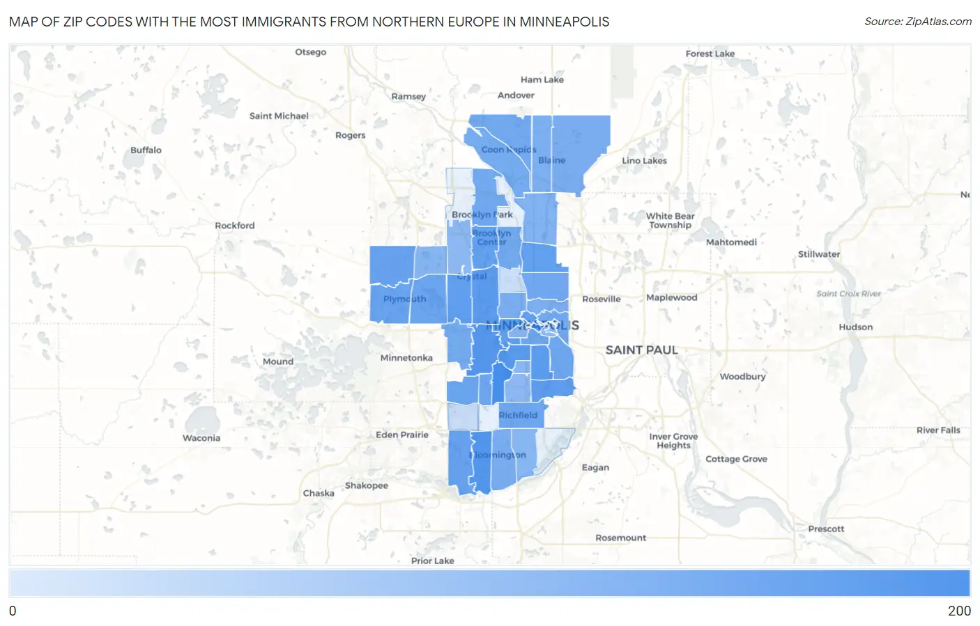 Zip Codes with the Most Immigrants from Northern Europe in Minneapolis Map