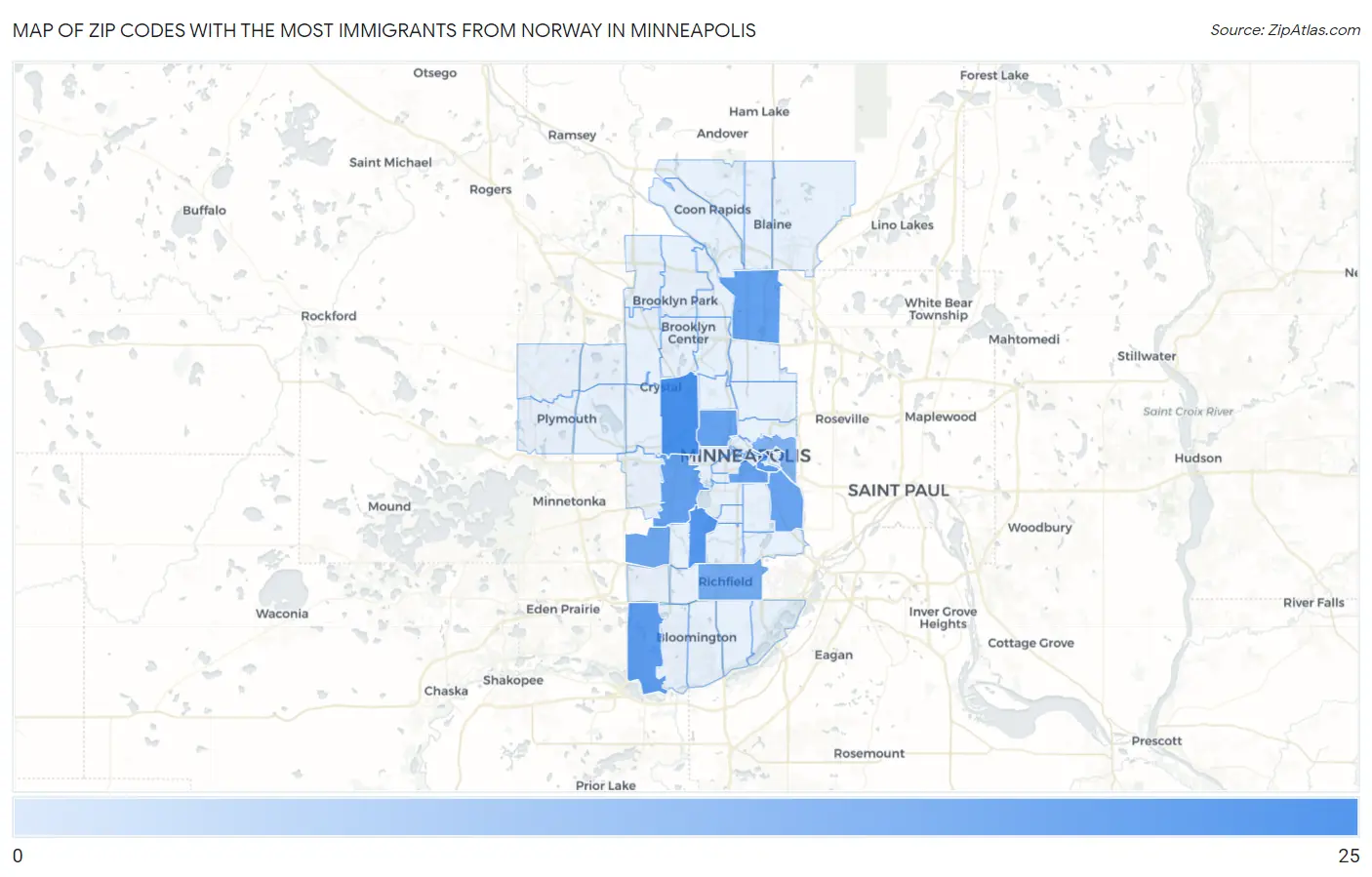 Zip Codes with the Most Immigrants from Norway in Minneapolis Map