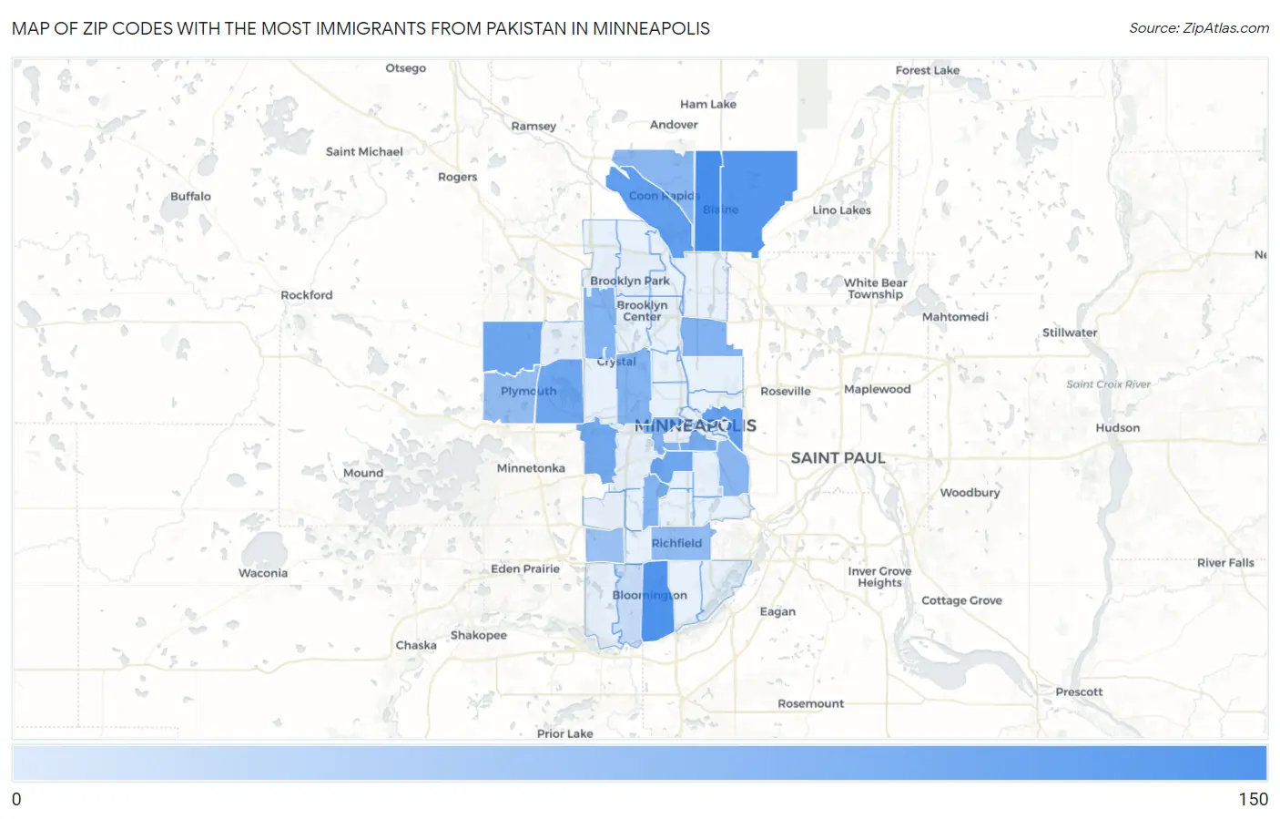 Zip Codes with the Most Immigrants from Pakistan in Minneapolis Map