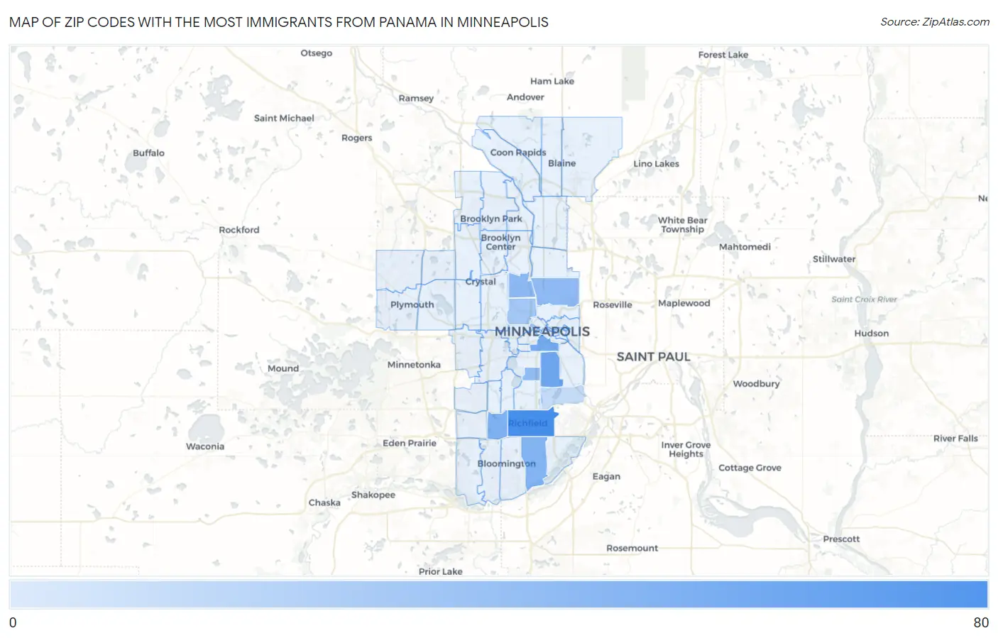 Zip Codes with the Most Immigrants from Panama in Minneapolis Map